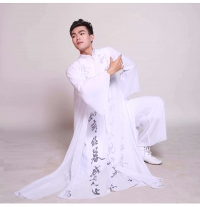  white Hanfu dance costume for men youth chinese ancient traditional folk swordsman kungfu dance costumes for male classical wushu performances wear for man